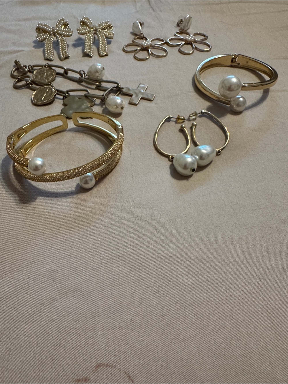 Gold-Tone Pearl Accent Jewelry- Cuff Bracelets and Earrings - Women Jewelry